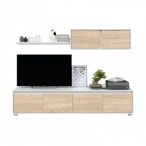 Abitare - Mur tv 200 cm blanc mat et chêne canadien – Narva