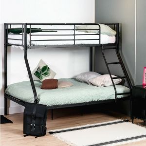 Lit superposé - lit de deux places - lit dessous 140 x 190 cm et lit dessus 90 x 190 cm - structure en métal noir - matelas non inclu - Meubles Cosy