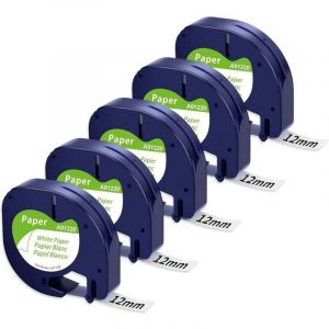 Papier Ruban Compatible pour Dymo LetraTag Papier Ruban 12mm x 4m Noir sur Blanc, Recharge Dymo LetraTag LT-100H LT-100T XR XM LT-110T, 5X Compatible