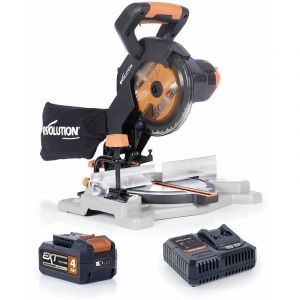 Evolution Power Tools - Scie à onglet mixte sans fil 185mm Evolution R185CMS-Li avec Lame multi-matériaux tct avec batterie 4Ah et chargeur