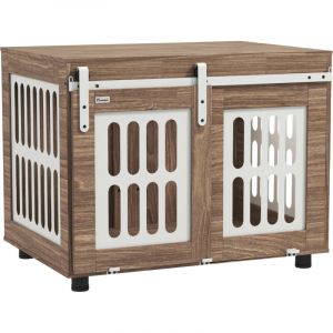 Meuble cage pour chien avec porte coulissante, maison pour chien de moyenne, table d'appoint, 80 x 59 x 63 cm, noyer