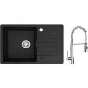 Cecipa Max - Evier 1 Bac avec Egouttoir, Evier de Cuisine en Quartz et Résine 78x45cm Evier Noir + Brossé Mitigeur Cuisine à Ressort avec 3 Modes de
