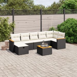 Salon de Jardin 8 Places en R&eacute;sine Tress&eacute;e Noire avec Coussins Cr&egrave;me - Ensemble Modulaire Canap&eacute; d'Angle, Table Acacia et Pouf