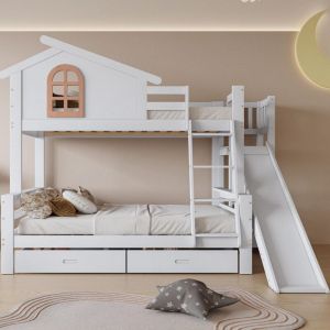 Lit superposé enfant 90x200cm - avec 2 tiroirs et coulisses, fenêtre caractéristique et escalier incliné 4 marches, sommier à lattes, bois - blanc