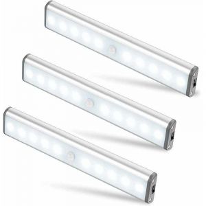 Lot de 3 Lampes 10 LED, Sans Fil, Rechargeable par USB, Aimant&eacute;, D&eacute;tecteur de Mouvement, 2 Modes d&rsquo;&Eacute;clairage, Portable. Lumi&egrave;re de Placard, Baladeuse