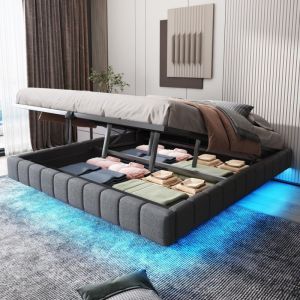 Lit coffre 180x200 cm, Lit de rangement 140x200, cadre flottant hydraulique, avec espace de stockage, lit rembourr&eacute; multifonction, sans t&ecirc;te de lit,