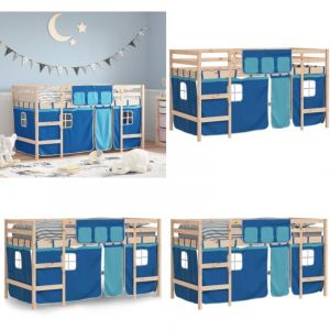 Lit mezzanine enfants avec rideaux sans matelas bleu 90x190 cm - Lit Mezzanine Enfant - Lit Plateforme Enfant - Lit Design Enfant - Lit Cabane Enfant