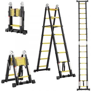 TEENO &Eacute;chelle T&eacute;lescopique en Aluminium 5 M (2,5+2,5), Escabeau 2x8 Marches Pliable Professionnel Multifonction, avec 2 Roues Amovibles et