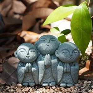 Lot de 3 statues Jizo japonaises en pierre - Bouddha japonais - Statue de moine Jizo - Figurine comm&eacute;morative - D&eacute;coration d'aquarium - D&eacute;coration de
