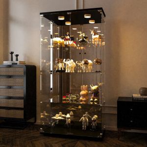 Vitrine en verre, 164x80x36cm, 4 niveaux, vitrine avec miroir, vitrine de collectionneur avec lumi&egrave;re LED, vitrine de rangement en verre noir pour la