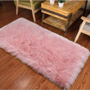 Tapis rose, tapis de chambre en peau de mouton artificielle, tapis de lit en laine, tapis en peluche pour chaise et coussin de canapé, tapis