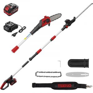 TEENO 2-en-1 &Eacute;lagueur sur Perche et Taille Haie T&eacute;lescopique sans Fil Batterie Li-ION 20 V 4.0Ah, Poign&eacute;e Principale Orientable Bandouli&egrave;re Incluse,