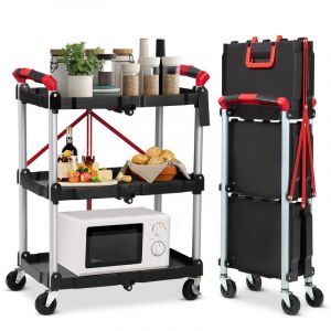 Lunsy - Chariot à Outils Pliant à 3 Niveaux,Chariot de Service Pliable et Repliable avec Roues Universelles 4 Rainures et Mains Courantes Servante