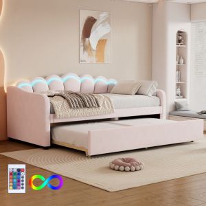 Méridienne, méridienne 90x200cm avec lit gigogne, canapé-lit, lit simple (sans matelas), velours, lumière d'ambiance aux couleurs changeantes,