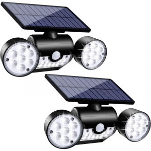 Lampe solaire LED &eacute;tanche d'ext&eacute;rieur - Avec d&eacute;tecteur de mouvement, double projecteur, orientable &agrave; 360&deg; - Id&eacute;ale pour les jardins - 2 pi&egrave;ce