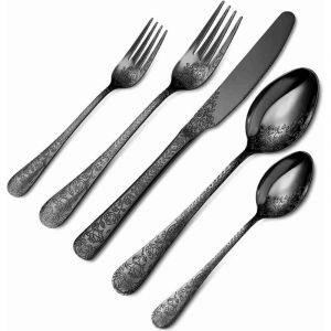 Vtizikl Ensemble de couverts noirs sculpt&eacute;s 20 pi&egrave;ces, style vintage floral, avec cuill&egrave;re, fourchette, couteau, pour la cuisine &agrave; domicile