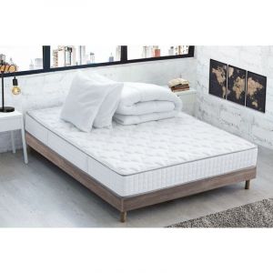 Ensemble Matelas et Sommier Tapissier avec Couette et 2 Oreillers - Matelas 140x190x15 cm + Sommier 140x190cm + Couette 220x240cm + 2 Oreillers