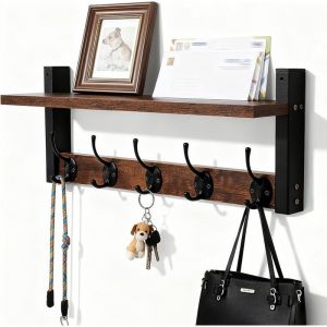 Porte-manteau Mural Avec &Eacute;tag&egrave;re Et 5 Crochets, Pat&egrave;re Murale 43.5 Cm Range Cl&eacute;s Et Courrier, Meuble Mural Pour Entr&eacute;e Salon Chambre Cuisine Et