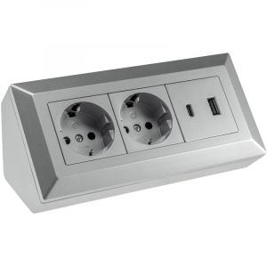 Bloc multiprises CHILITEC 23573, 2 ports, USB-A+C, 16A/250V, argent
