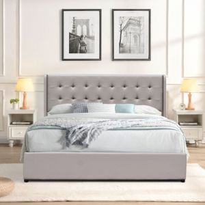 Lit coffre de rangement 120x190 cm avec t&ecirc;te de lit capitonn&eacute;e et 12 lattes - Montage rapide et facile - Rev&ecirc;tement PVC simili facile d'entretien