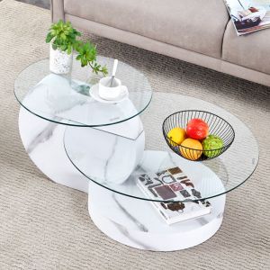 Table basse gigogne ronde, table d'appoint pour canap&eacute;, ouble plateau (50/70 cm) design minimaliste, MDF et verre tremp&eacute;, finition marbre/transparent