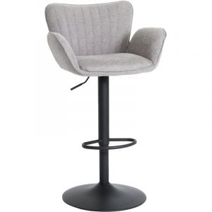 HHG - jamais utilis&eacute;] Tabouret de bar 098avec accoudoir repose-pieds pivotant tissu/textile fer, gris clair pied noir