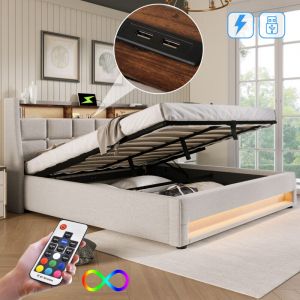 Lit coffre 160x200 cm, lit adulte avec usb et led, lit double capitonné, Bois+Métal+Lin, sans matelas, Beige