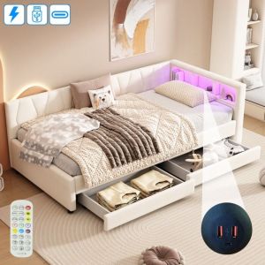 Lit simple 90x200 cm, 2 places, avec LED, 2 tiroirs de rangement, Port USB, sommier &agrave; lattes en bois, cadre en m&eacute;tal, lit de Jour capitonn&eacute; en Lin