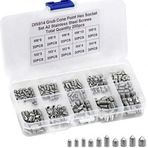 Basetbl - 200 Pi&egrave;ces Vis Sans T&ecirc;te Vis Sans T&ecirc;te Hexagonale M3 M4 M5 M6 M8 Allen Vis Pointeau en Acier Inoxydable Vis Poign&eacute;e de Porte Vis Allen Vis