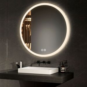 Emke - Miroir salle de bain rond avec éclairage avec Interrupteur tactile, Anti-buée, 3 Couleurs de lumière, Dimmable, Fonction mémoire, 80cm diamètre