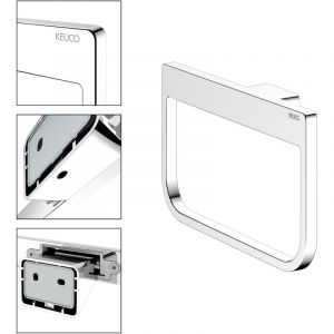 Anneau porte-serviettes KEUCO Rose &agrave; coller ou &agrave; percer, made in Germany, en m&eacute;tal, chrome poli, largeur 24 cm, kit de collage inclus, pour salle de