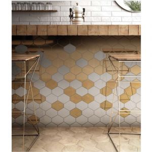Carrelage mural fa&iuml;ence Scale Benzene (10 couleurs), hexagone d&eacute;form&eacute; 12,4x10,8cm Hexagone d&eacute;form&eacute; 12,4x10,8 cm Dor&eacute; - Brillant / Poli - bo&icirc;te de 0.4