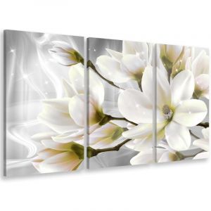 Hxadeco - Tableau triptyque fleurs blanches et scintillement - 90x60 cm