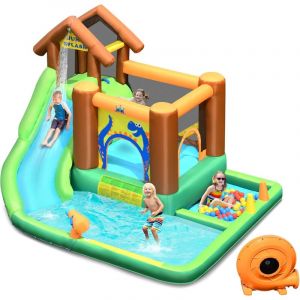 COSTWAY Aire de Jeux Gonflable Enfant avec Souffleur 610W Pataugeoire Mur d'Escalade Canon &agrave; Eau Trampoline Int&eacute;gr&eacute; Balles Color&eacute;es