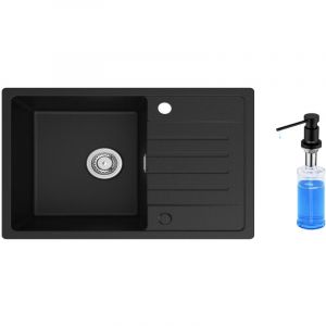Cecipa - Evier 1 Bac avec Egouttoir, Evier de Cuisine en Quartz et R&eacute;sine 78x45cm Grande Capacit&eacute; Evier Noir + 300ML Distributeur de Savon Noir