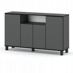 Commode BEST 4D - 140x35x80 cm - Gris mat - Commode moderne avec 4 portes et système d'ouverture sans poignée