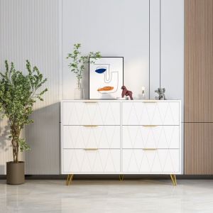 Commode 6 tiroirs, buffet bois, meuble de rangement, commode bois massif, meuble a tiroirs, panneau à motif diamant, pour chambre,salon,cuisine, blanc