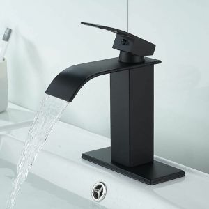 ZVD - Mitigeur de Lavabo Cascade Noir Mat - Style Moderne, 1 ou 3 Trous, en Laiton Massif, avec Plaque de Montage