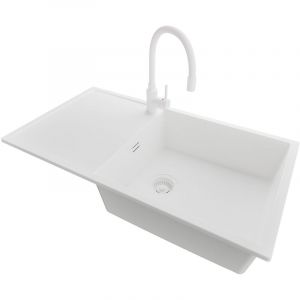 PRIMAGRAN Evier Cuisine en Granit 90x50cm,Lavabo 1 bac + Robinet 38x14cm + Kit de Vidage, &Eacute;vier &agrave; Encastrer au meuble 60cm - Ibiza, Tout Blanc
