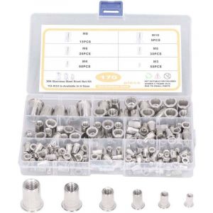 Vtizikl 170 Pi&egrave;ces Acier Inoxydable Rivet &Eacute;crou Outil Plat T&ecirc;te Filet&eacute;e Rivet Nutsert Cap Assortiment kit M3 M4 M5 M6 M8 M10 Types Nuts