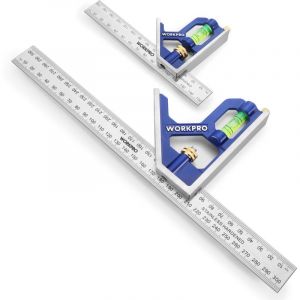 Workpro - 2 Pièces Règle d'angle de Combinaison, Equerre Combinées 150mm & 300mm en Acier Inoxydable, Équerre de Menuisier avec Niveau à Bulle et