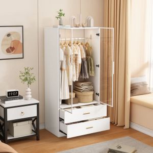 Armoire &agrave; portes en verre 180 cm, Garde-robe avec penderie, portes coulissantes en verre, 2 tiroirs de rangement et &eacute;clairage LED - Blanc