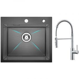 Cecipa - vier Inox Noir Évier 1 Bac 50 × 45 cm Évier de Cuisine + Mitigeur de Cuisine à Ressort avec Douchette Extractible, Robinet Evier 2 Modes de