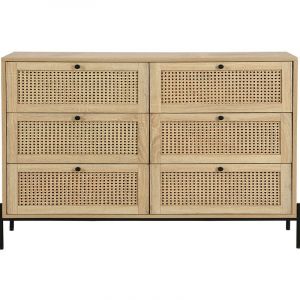 Commode 6 tiroirs en cannage naturel et effet chêne 120 cm - Iris