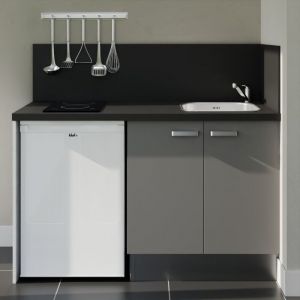Cuisibane - Kitchenette K17L-PT - 140 cm avec plan de travail et évier - Façade Gris - Plan Noir - Evier Inox - Crédences Oui