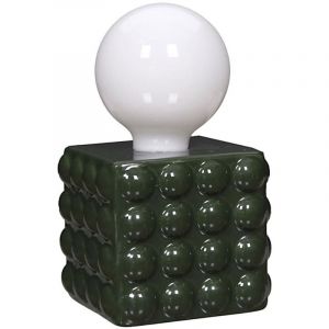 Lampe &agrave; poser c&eacute;ramique relief vert foret abat-jour globe (H17cm) sur piles