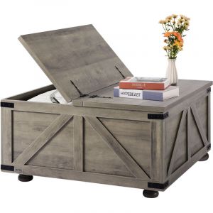 VEVOR Table basse, 914 x 914 x 463 mm, table de salon carree a charniere avec grand compartiment de rangement, table de cocktail rustique en bois