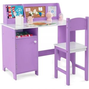COSTWAY Bureau Enfant Gar&ccedil;on Fille avec Chaise & Biblioth&egrave;que & Tableau d'Affichage, Table Enfant en Bois avec &Eacute;tag&egrave;re & Armoire de Rangement, Charge