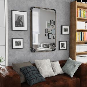 Miroir Mural Décoration Rectangulaire Style Industriel Rétro avec Tube en Métal pour Entrée Couloir Salon - 60×90cm