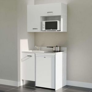 Cuisibane - Kitchenette K00L - 100 cm - plan monobloc évier intégré Snova- évier à gauche - Façades Blanc + Electroménager inclus coloris Blanc